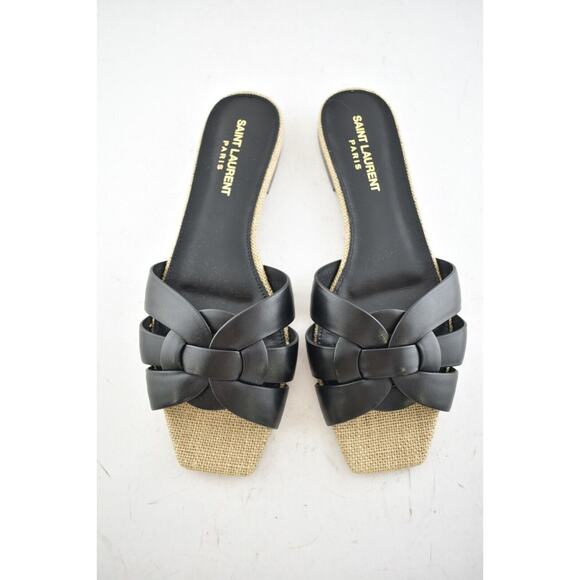 Saint Laurent YSL Tribute Nu Pieds Black Leather Beige Rope Slide Sandal Flat 36 - Picture 7 of 12